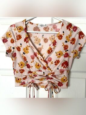 Y2K Floral Ruched Tie Front Baby Tee Coquette Soft Girl Crop Top S